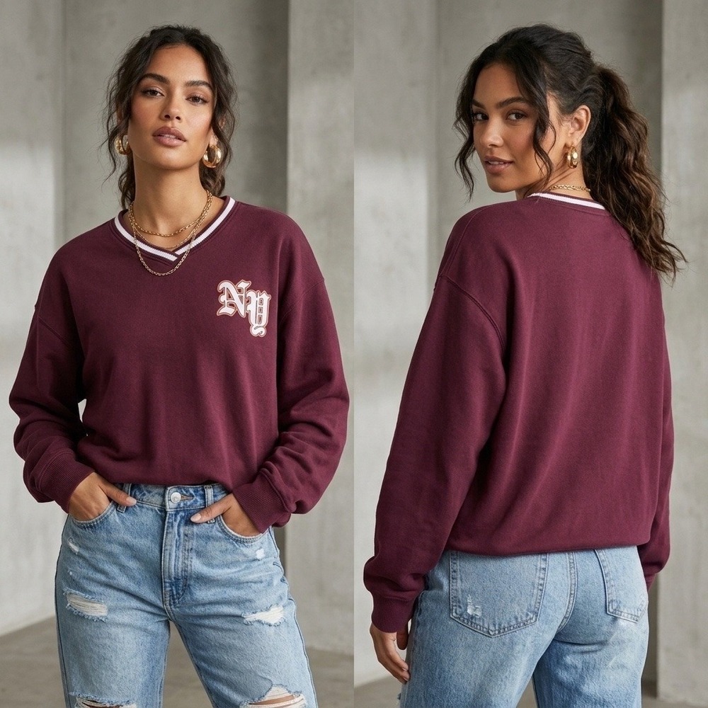 Hollister California Womens V-Neck NY Graphic Sweatshirt‎ Burgundy Maroon Small